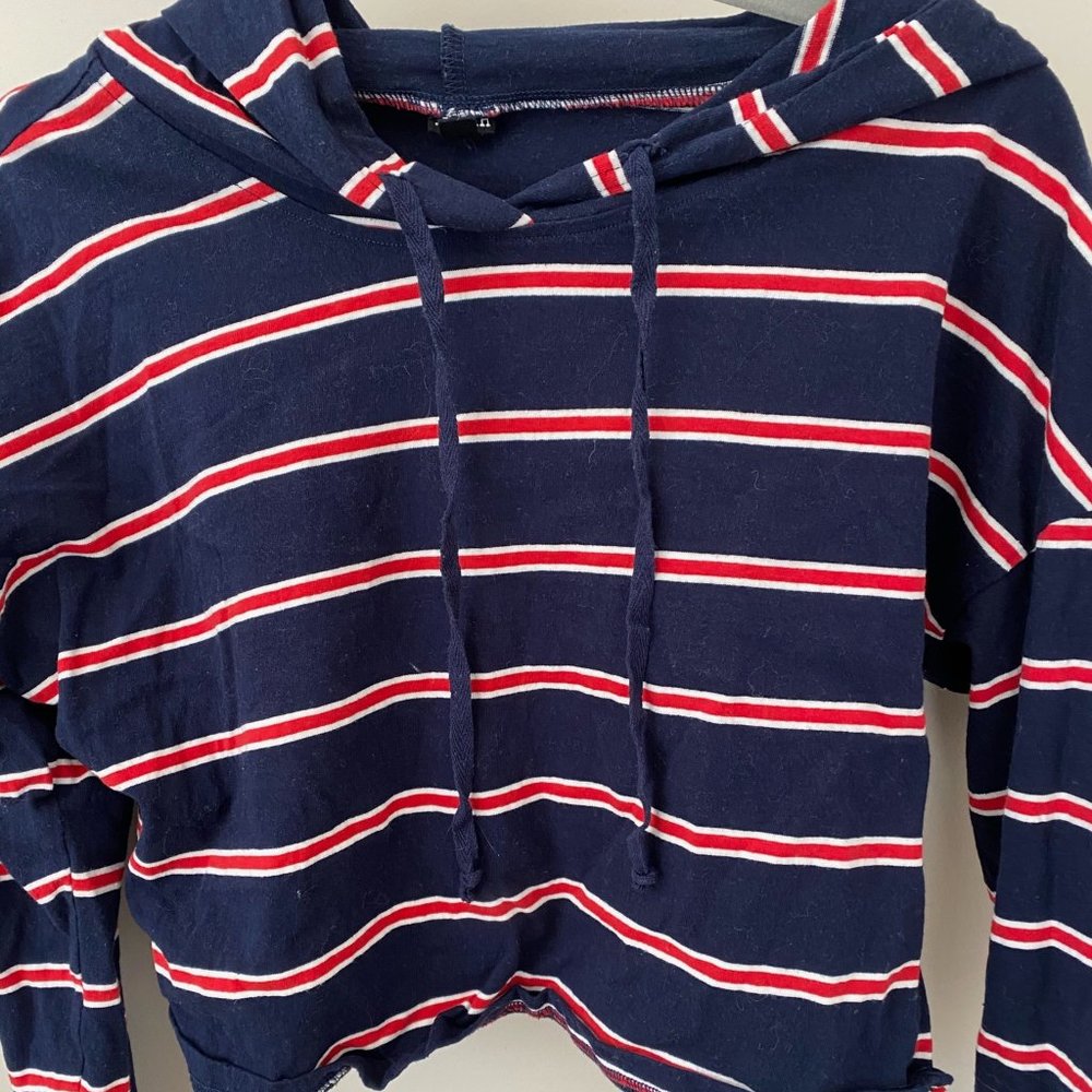 Red, Blue and White Striped Hooded Long Sleeve